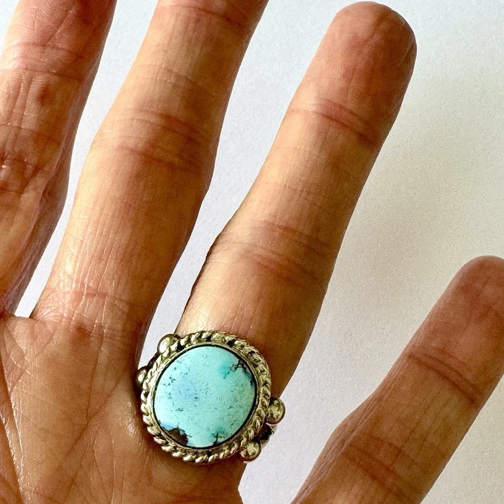 Navajo Turquoise Ring Blue Golden Hills Sz 7 Sterling Signed‎ Martinez Native